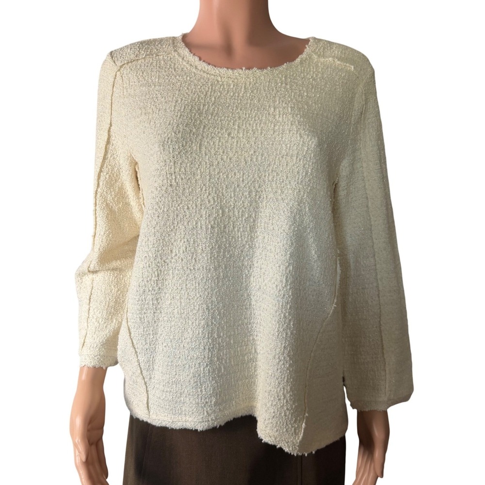 Nic+Zoe Cotton Boucle Knit Top Cream Metallic Raw Edge Coastal Chic‎ Medium